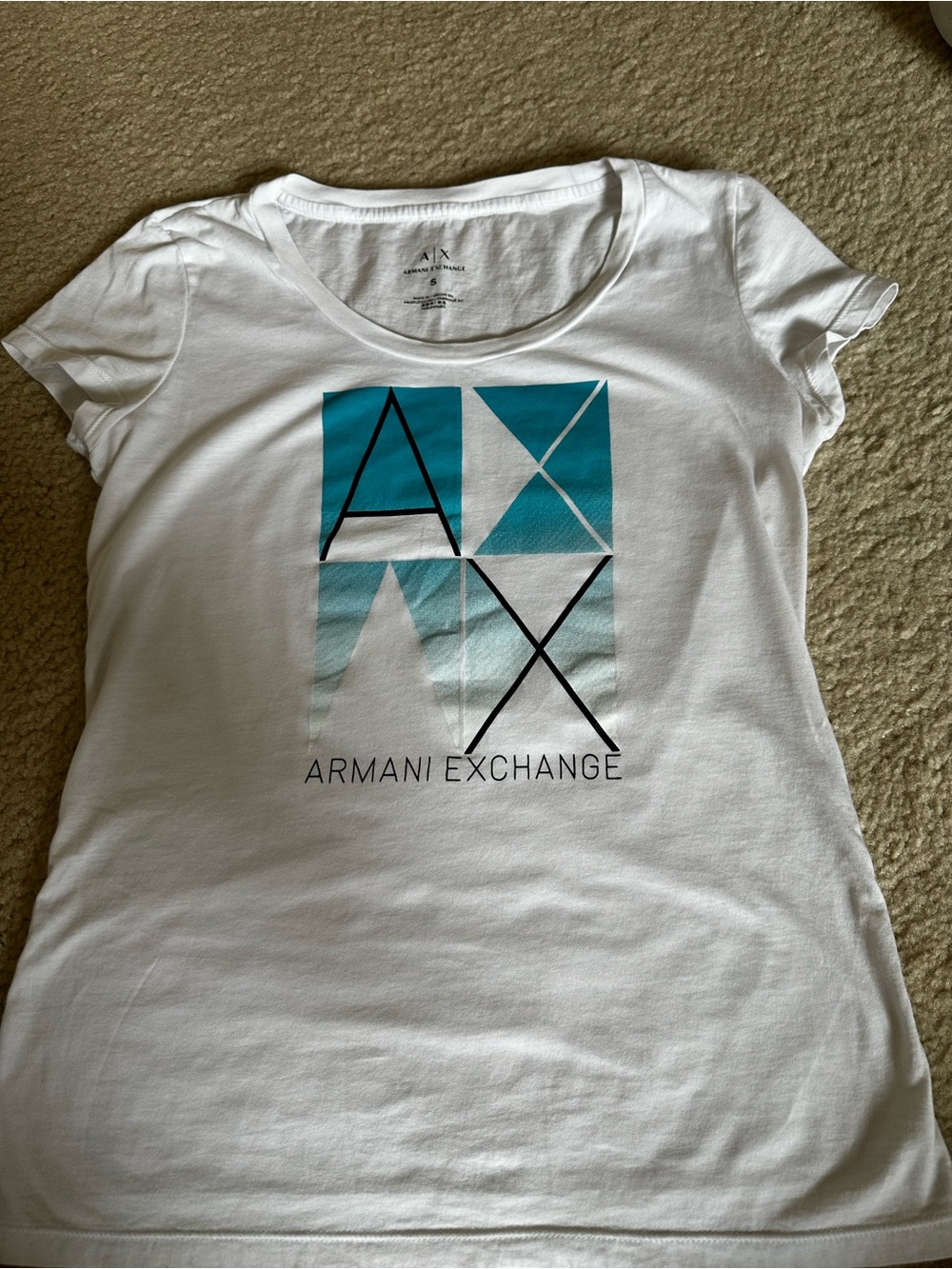 Very good condition! Armani Exchange Women's White Tee with Teal Graphic